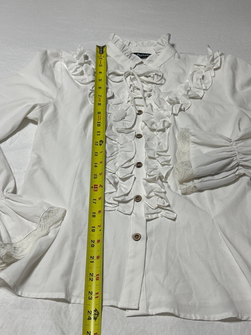 Lace-Trim Ruffled Button-Up Blouse in White - Picture 3 of 6